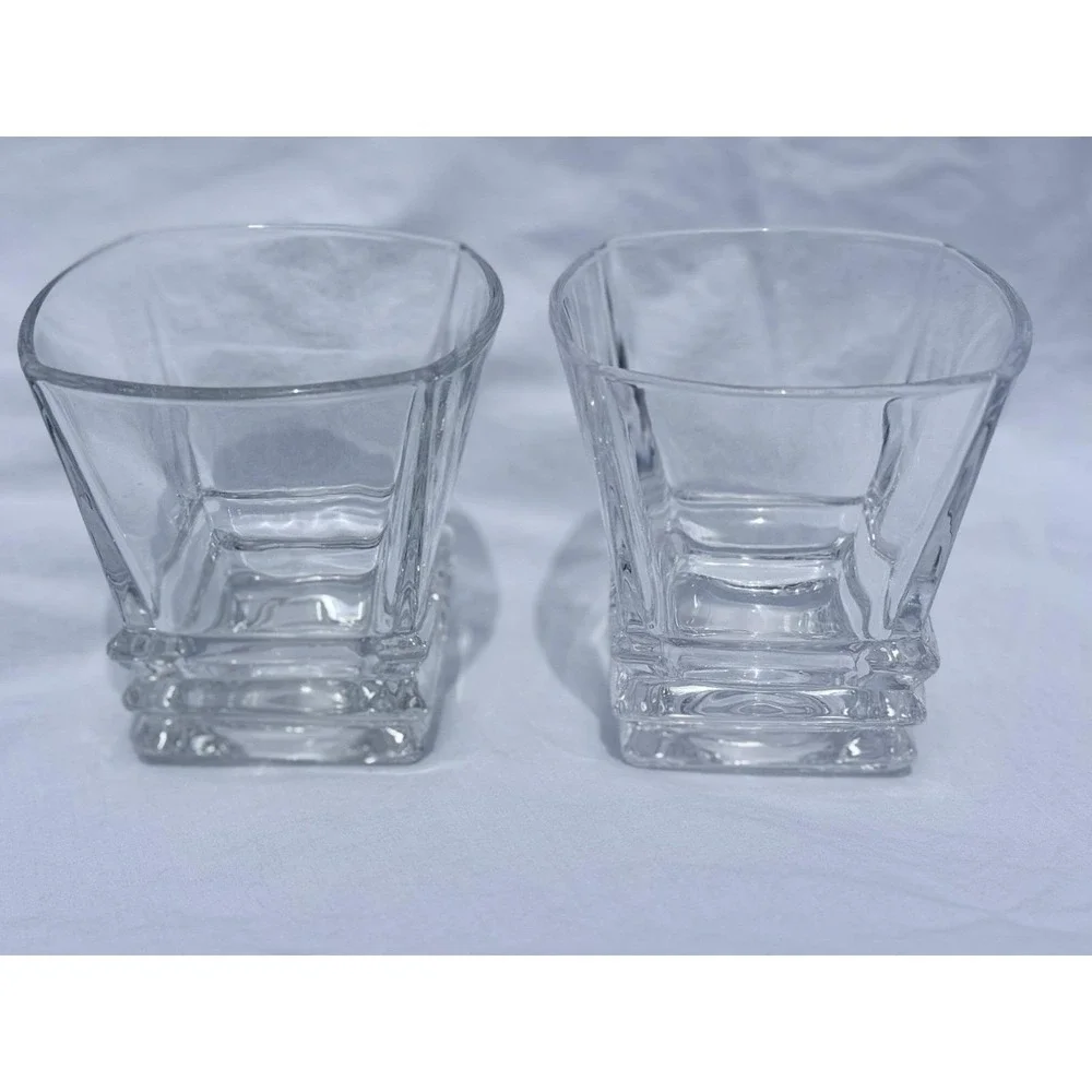 2 Barski Square Double Old Fashioned Lowball Crystal Glasses Geometric European